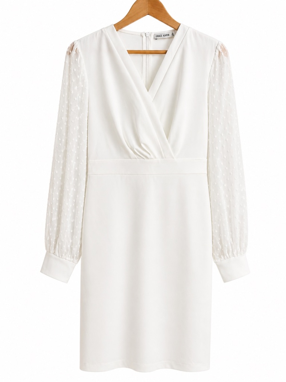 White Dress Bridal Swiss Dot Sheer Sleeve Knee Length Graduation Medium NWT - Picture 2 of 7